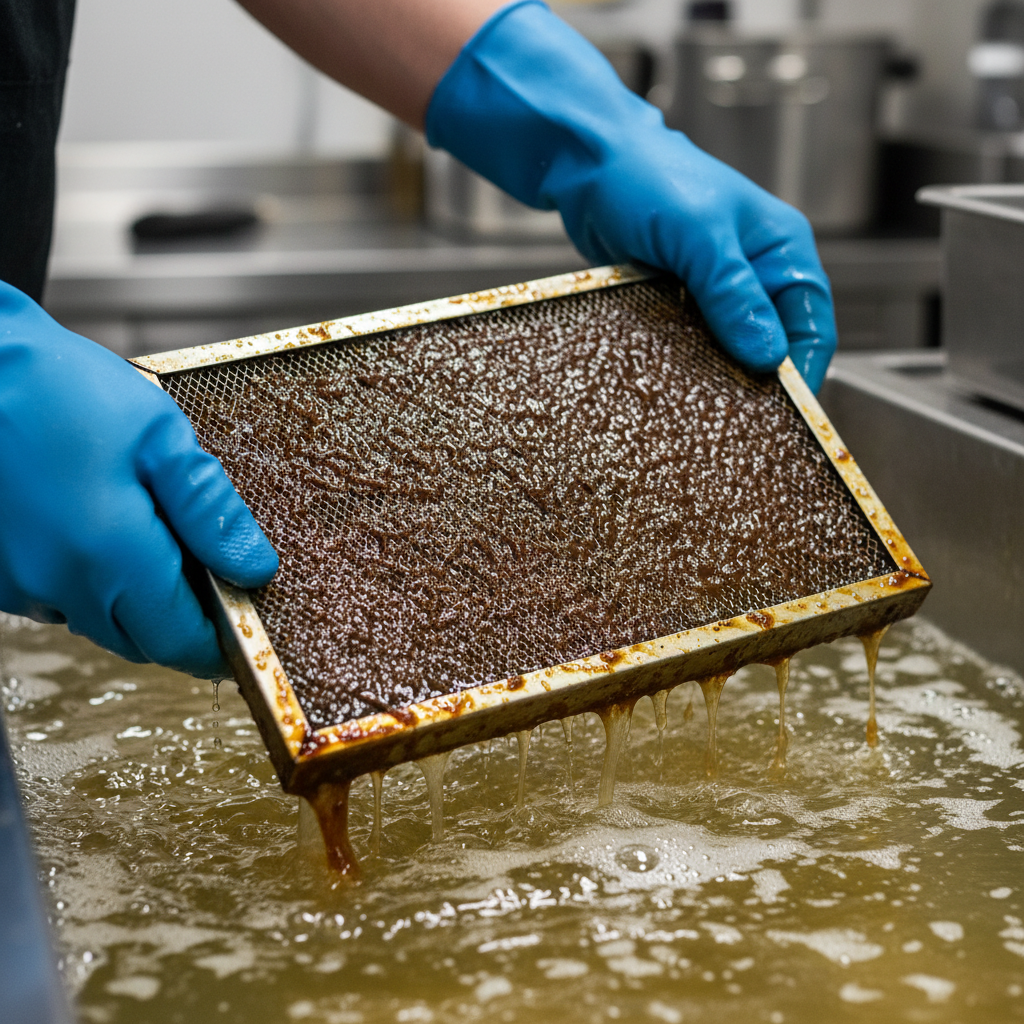 Close-up of kitchen hood baffle filter being degreased in a hot soak tank during kitchen hood filter cleaning
