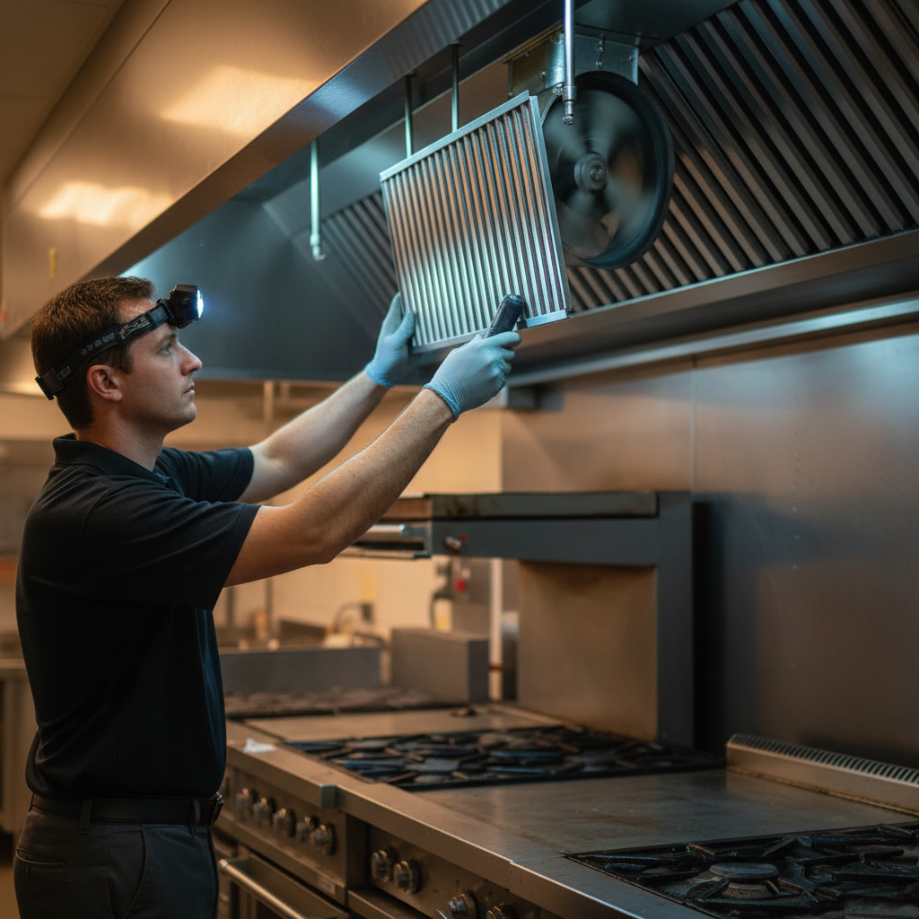 Technician reinstalling dry hood baffle filters under a commercial range hood after kitchen hood filter cleaning