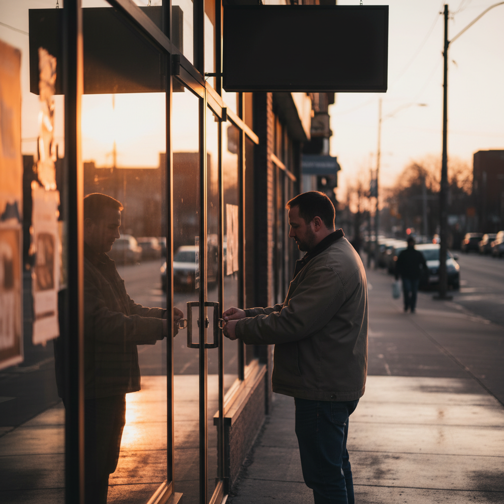 Ontario shop owner unlocking storefront at sunrise, symbolizing the start of a protected business day with the right insurance