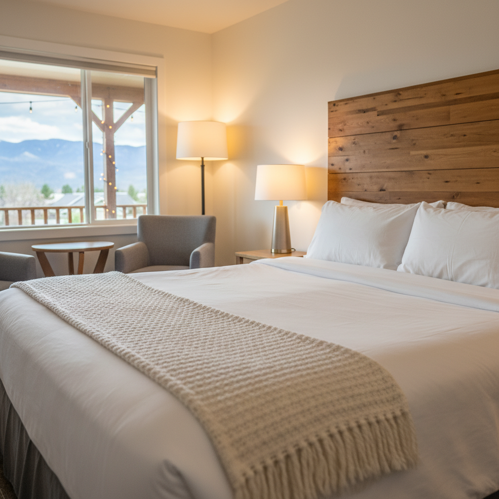 Renovated family motel room in North Conway with mountain-view window, cozy lighting, and family-friendly hotel amenities