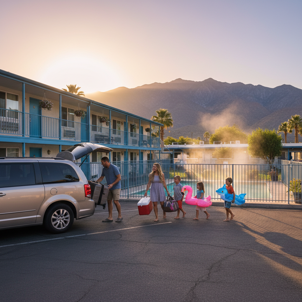 Family unloading car at North Conway motel, kids walking with pool floats toward an outdoor heated pool, mountains in background