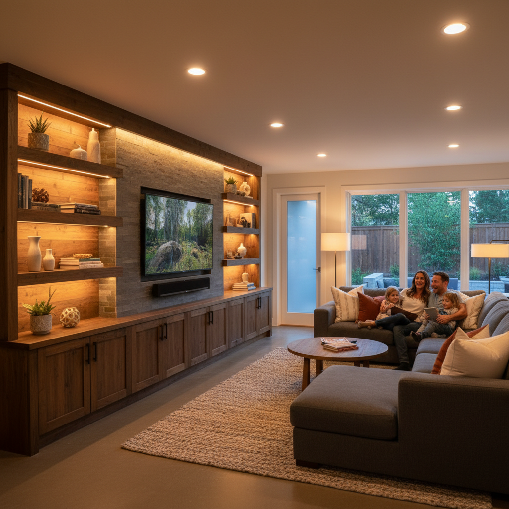 Custom Home Makeovers: Add Value and Comfort in 2026 2 Finished basement with custom media wall and floating shelves, an example of tailored home renovation with integrated LED lighting in the GTA