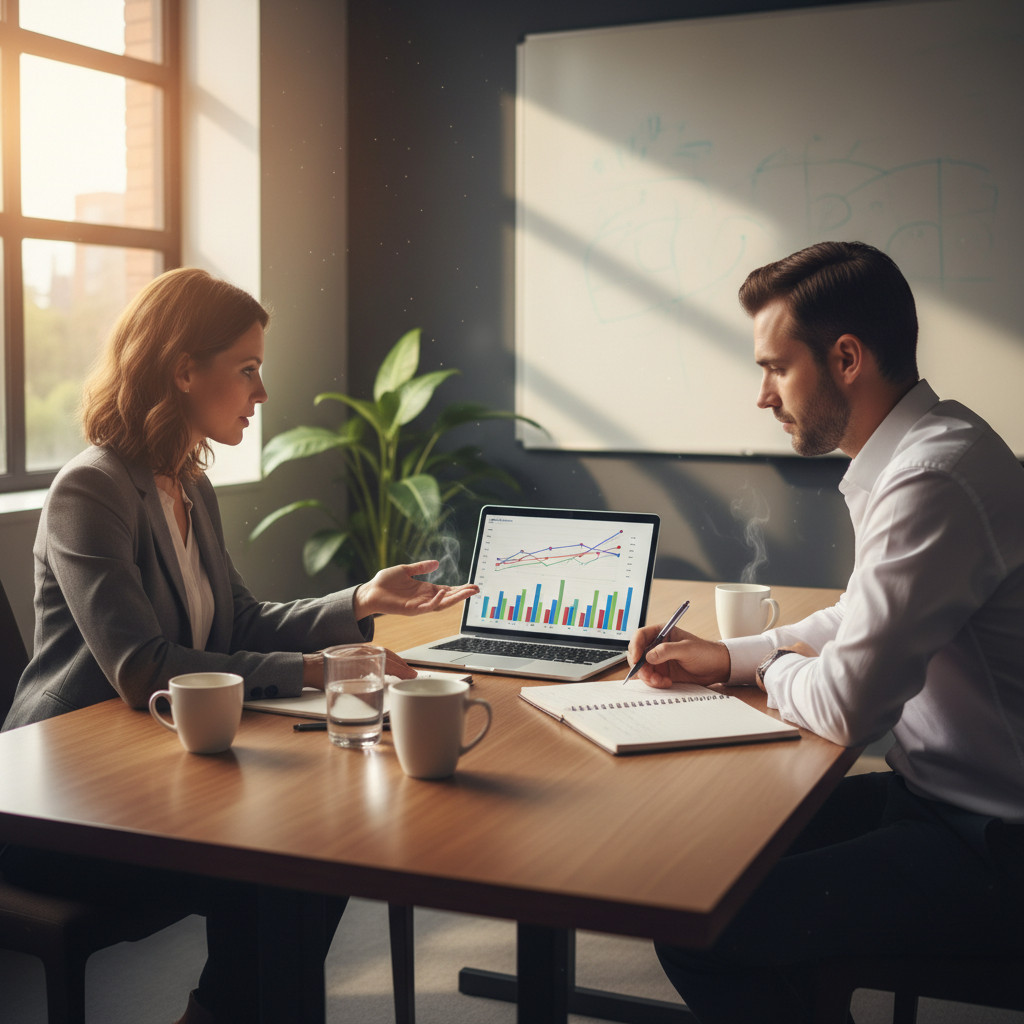 Small business owner meeting an accountant to review liquidity, profitability, leverage, and efficiency charts