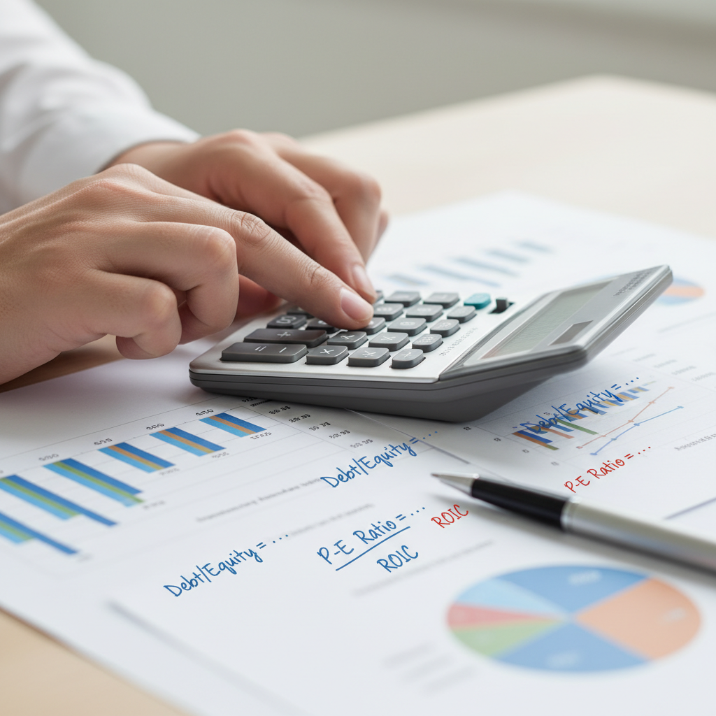 Close-up of hands calculating business finance ratios from printed statements and graphs