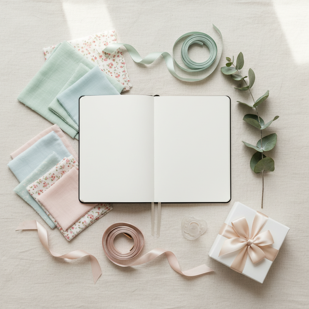 Top-down flat lay of baby shower planning tools: planner, ribbons, fabric swatches, eucalyptus, and gift wrap for a baby shower planning checklist