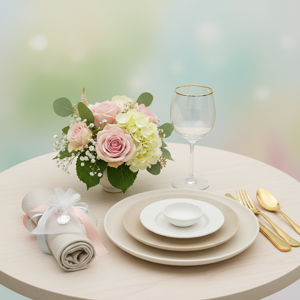 Close-up of elegant baby shower place setting with pastel favor and floral centerpiece for a baby shower planning checklist