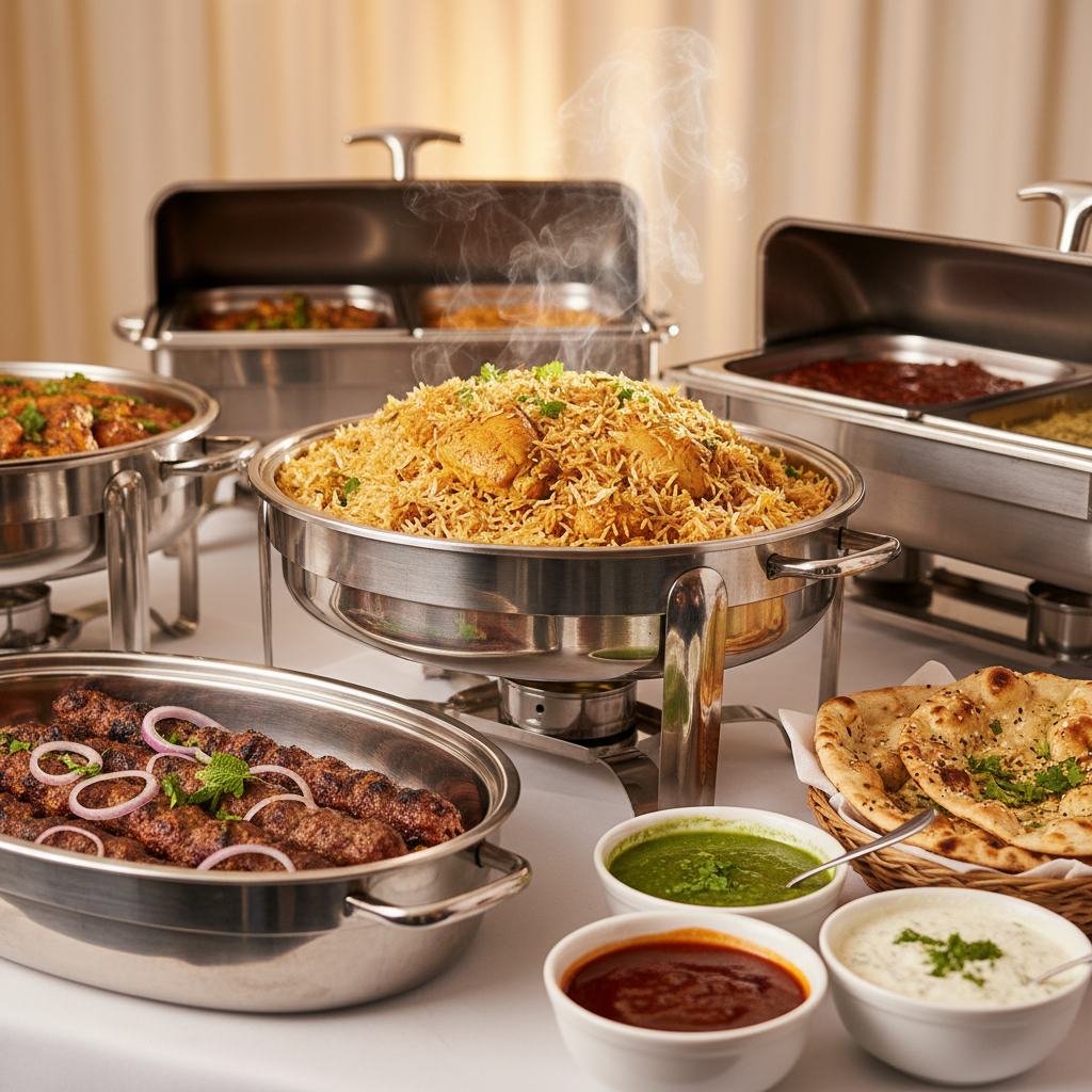 Close-up of Pakistani Halal wedding catering with biryani, kebabs, and naan at a Mississauga venue