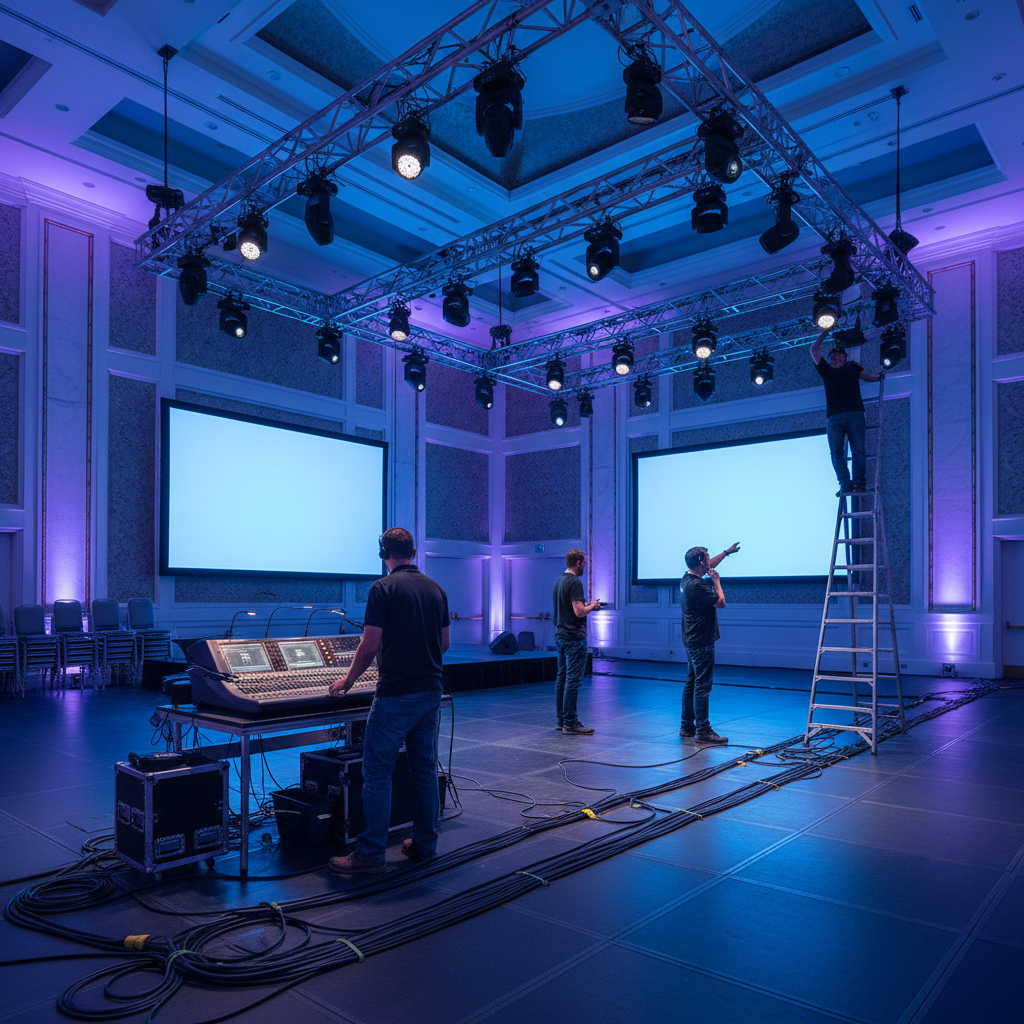 AV technicians testing lighting and sound for a South Asian wedding reception setup in Mississauga
