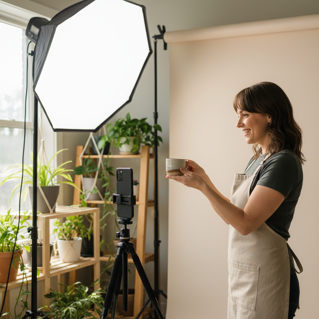 Small business owner filming a short product demo to embed on their website for SEO and conversions