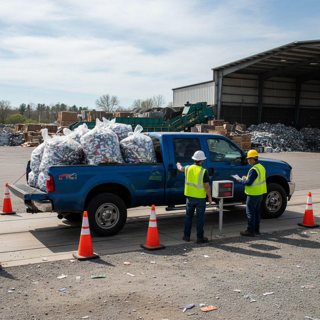 Pickup truck delivering bagged aluminum cans to a Toronto scrap yard scale for recycling