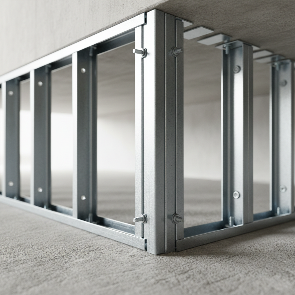 Close-up of light gauge steel studs with standard and slotted deflection track used in steel frame houses