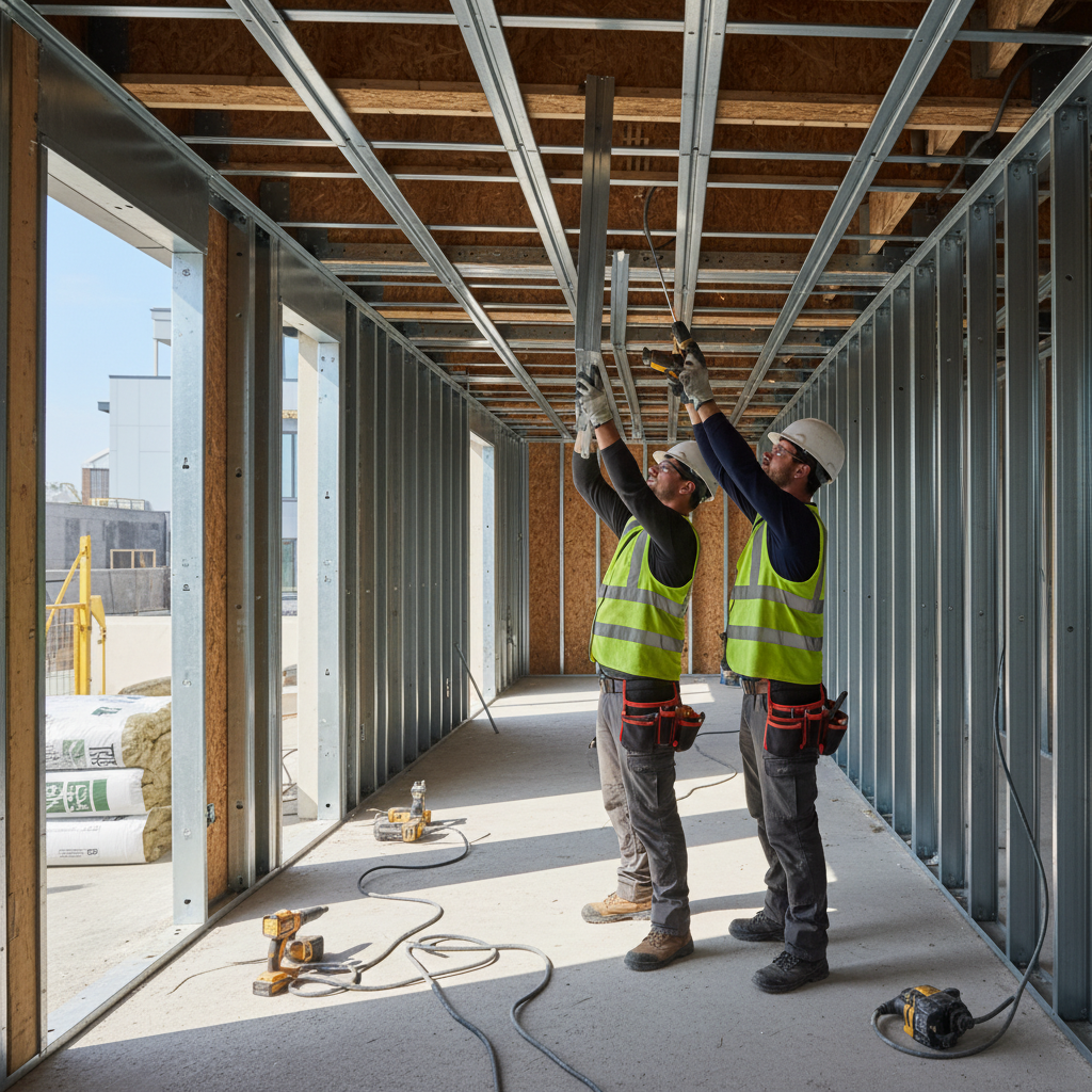 Contractors installing resilient channel on a ceiling for acoustic isolation in a steel-framed house