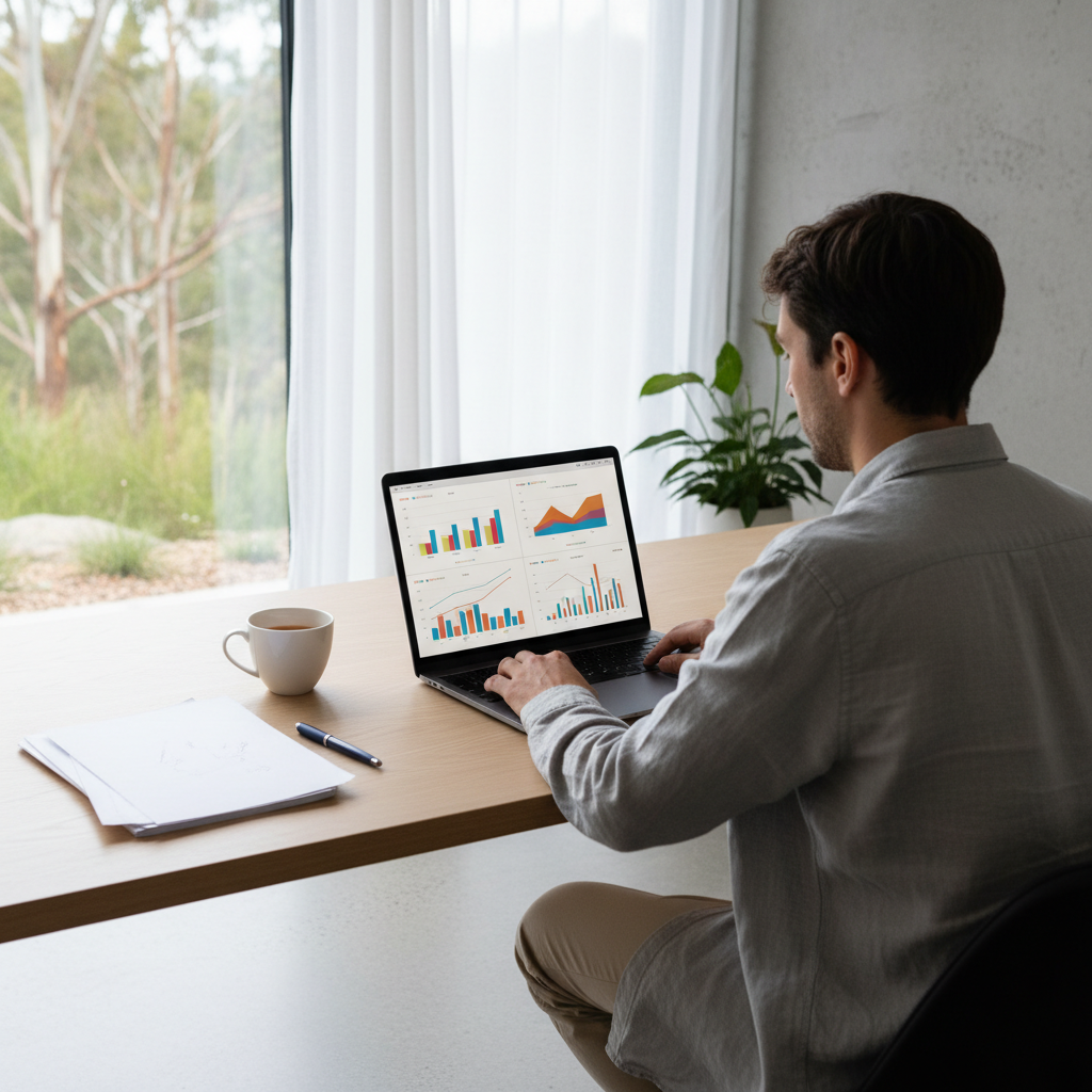 Homeowner comparing refinance home loan rates on a laptop with charts and graphs in a bright home office