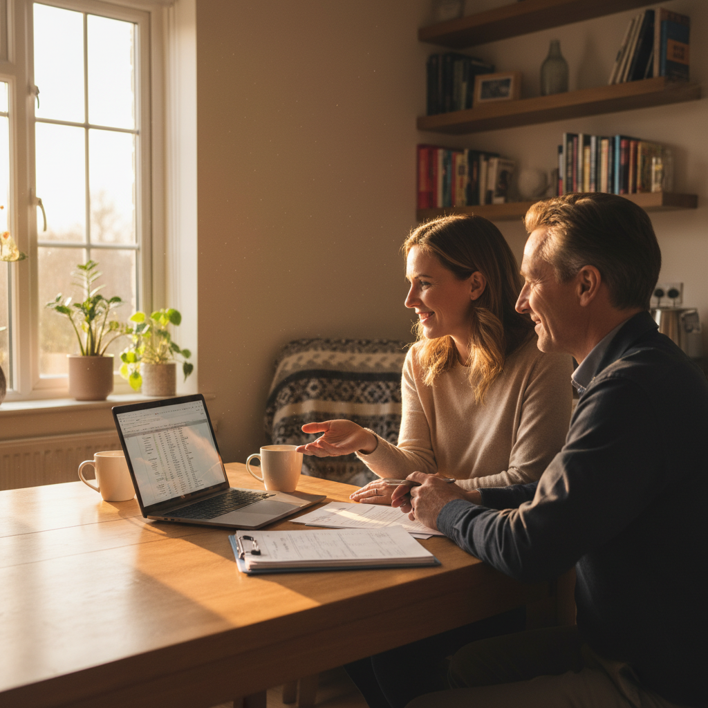 Couple reviewing refinance home loan options with a mortgage broker at a kitchen table, comparing features like offset and extra repayments