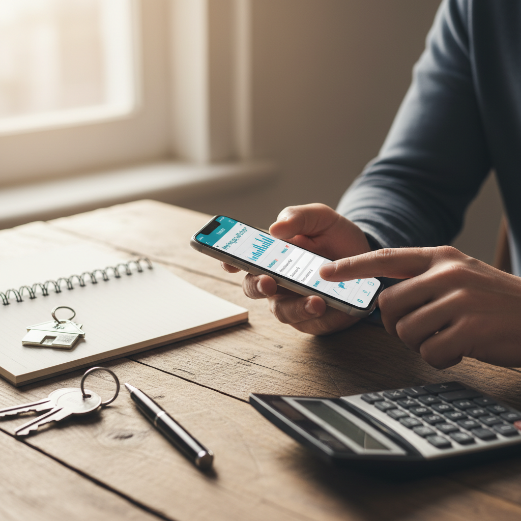 Close-up of smartphone mortgage calculator app used to compare refinance home loan rates with house keys and notepad on table