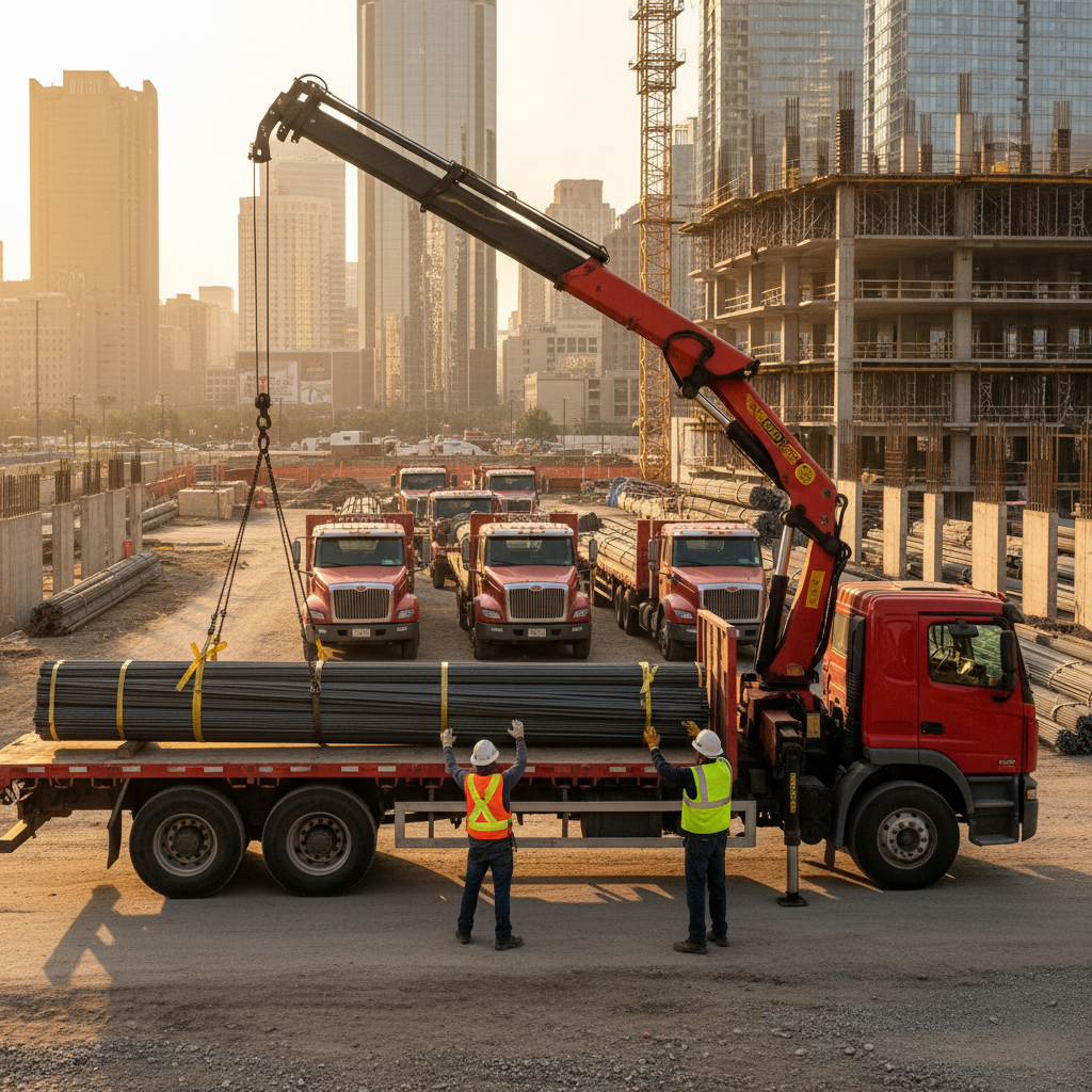 Rebar delivery truck staging bundles to support construction project coordination and just-in-time installation