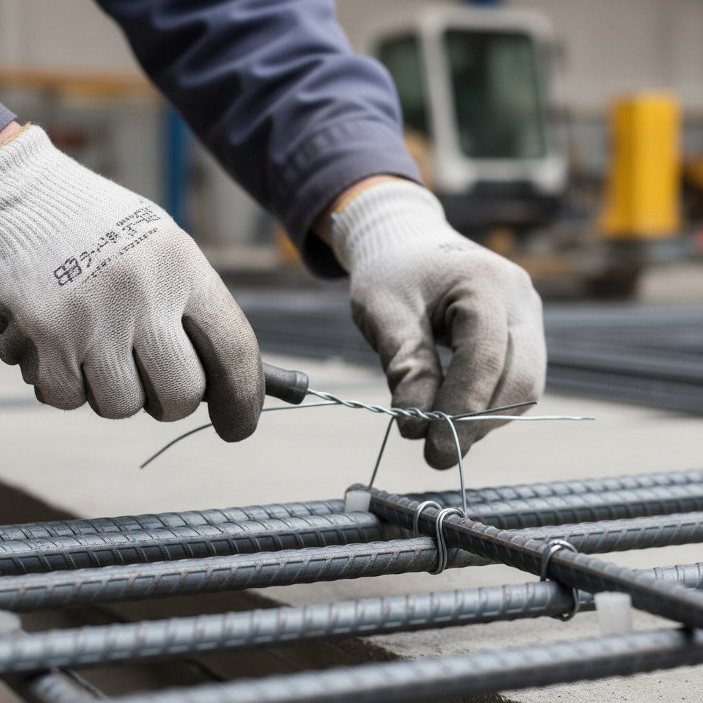 Close-up of rebar tying process supporting construction project coordination on Ontario jobsite