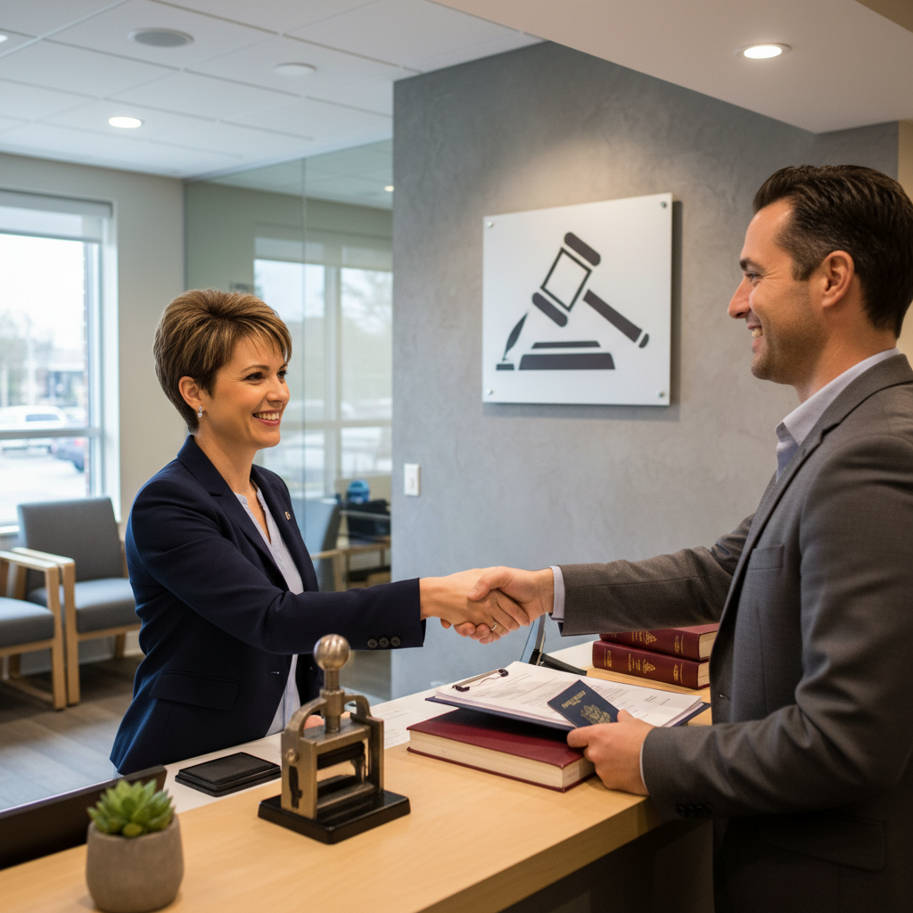 Reception area of an Etobicoke legal office offering walk-in commissioning and notary services near Martin Grove area