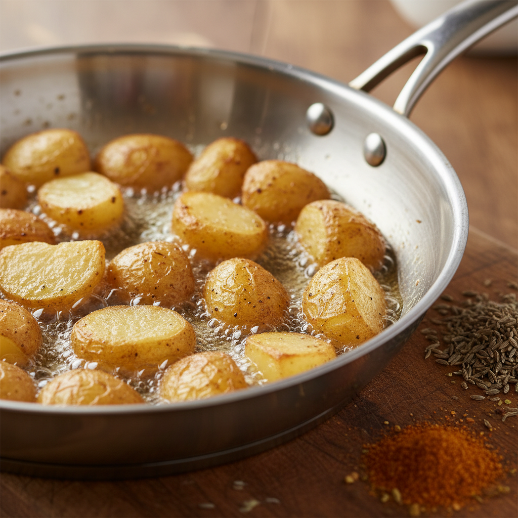 Macro close-up of aloo chaat potatoes frying to golden crisp with cumin seeds and chaat masala nearby