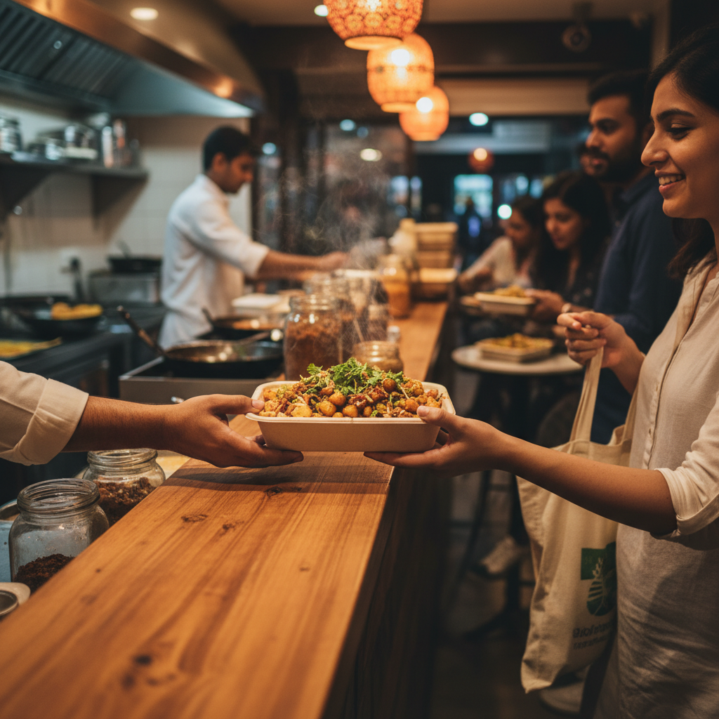 Side-angle view of a server handing a takeout bowl of aloo chaat to a guest at a Brampton sweets shop counter