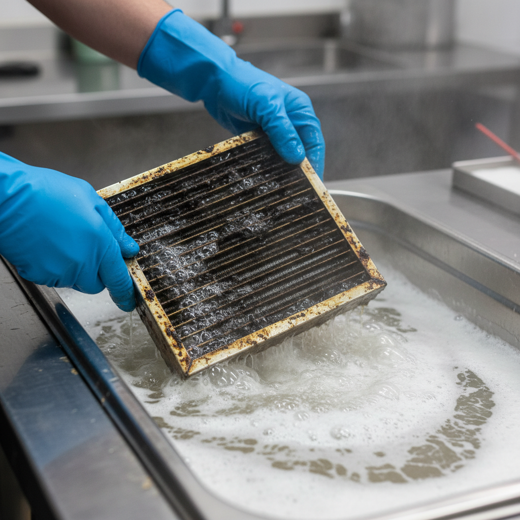 Close-up of extractor filter being lowered into a hot alkaline degreaser soak tank during professional cleaning