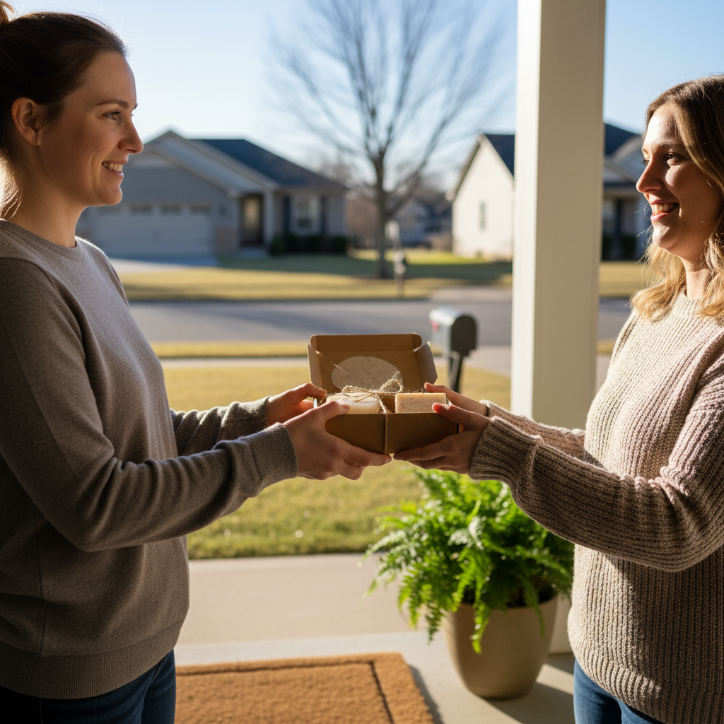 Gifting a candle and handmade soap set at a doorway for a thoughtful home fragrance present