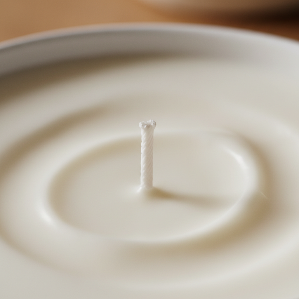 Close-up of clean-burning soy, coconut, apricot candle wax with trimmed cotton wick for gifting