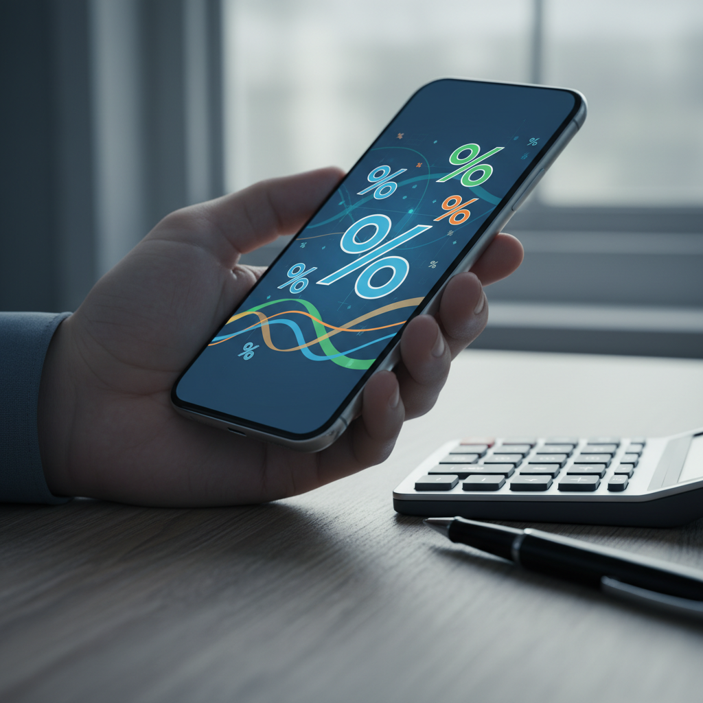 Close-up smartphone with percentage icons and mortgage refinance graphs beside a calculator, illustrating how to compare refinance mortgage rates