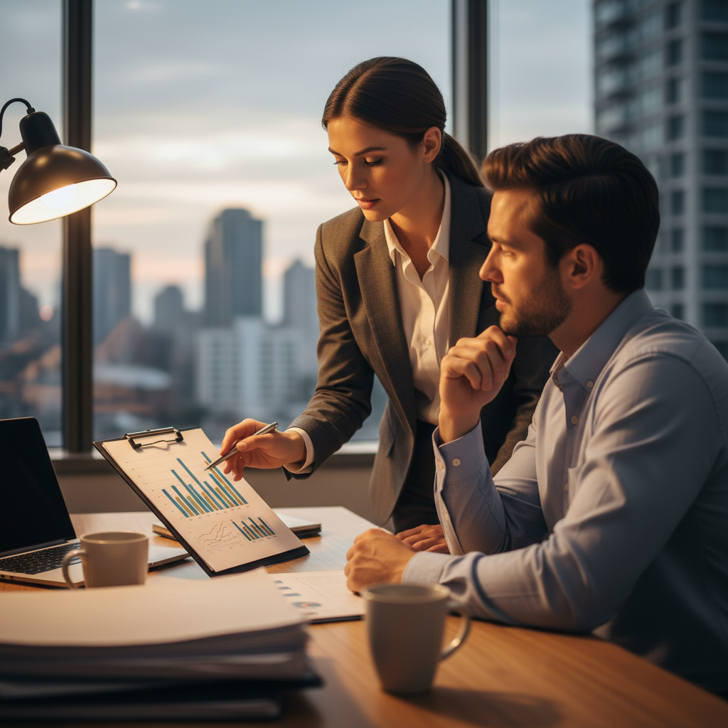 Mortgage broker and homeowner discussing refinance options and rate structures in a modern office