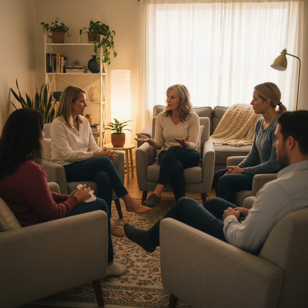 Supportive small group therapy scene illustrating counseling as part of support treatment in Ontario