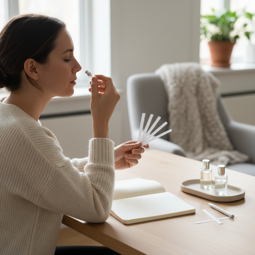 Lifestyle scene testing sample vials and blotters while building an affordable luxury perfume wardrobe at home