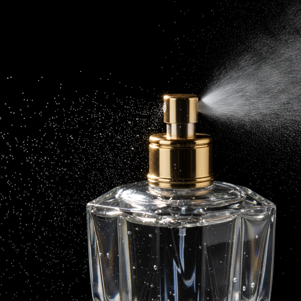 Close-up perfume atomizer spraying fine mist, illustrating application best practices for affordable luxury perfumes
