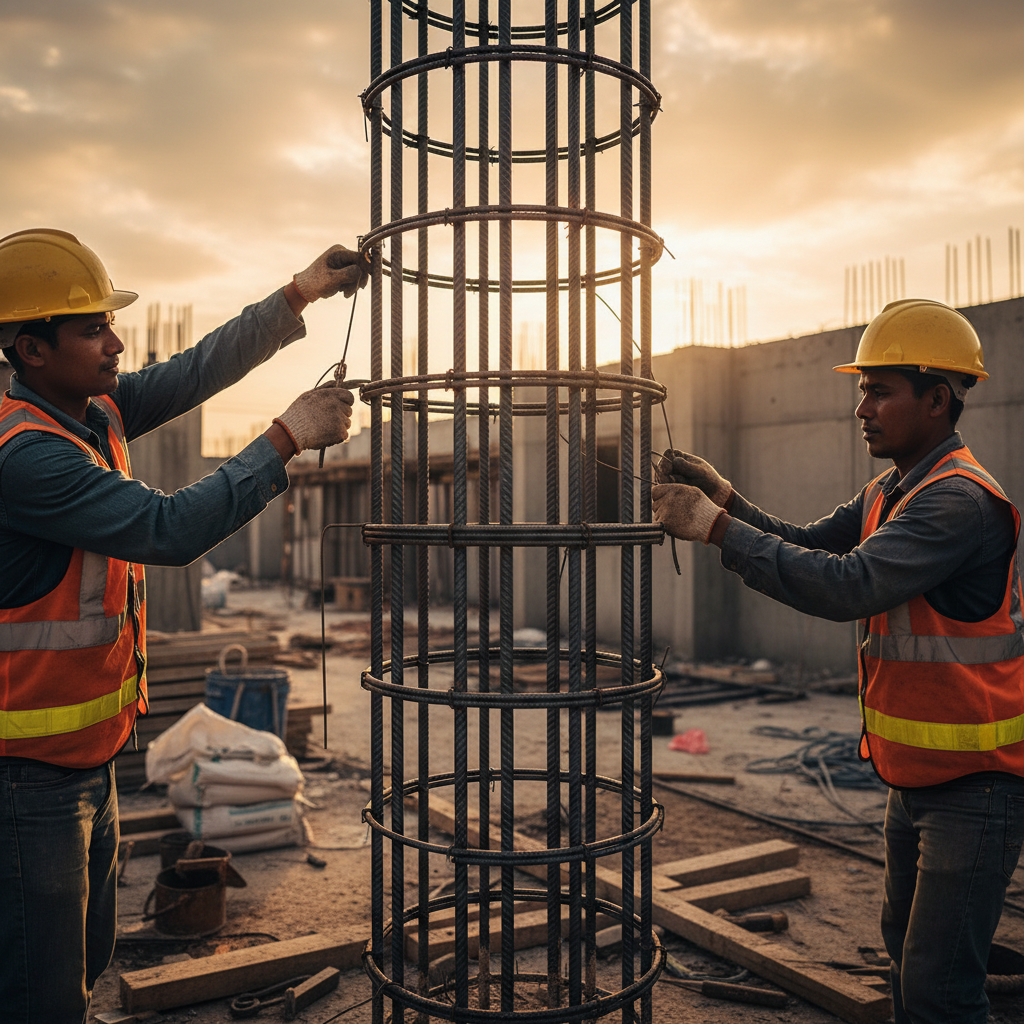 Side-angle view of a reinforced concrete column cage on site with evenly spaced circular rebar hoops being tied
