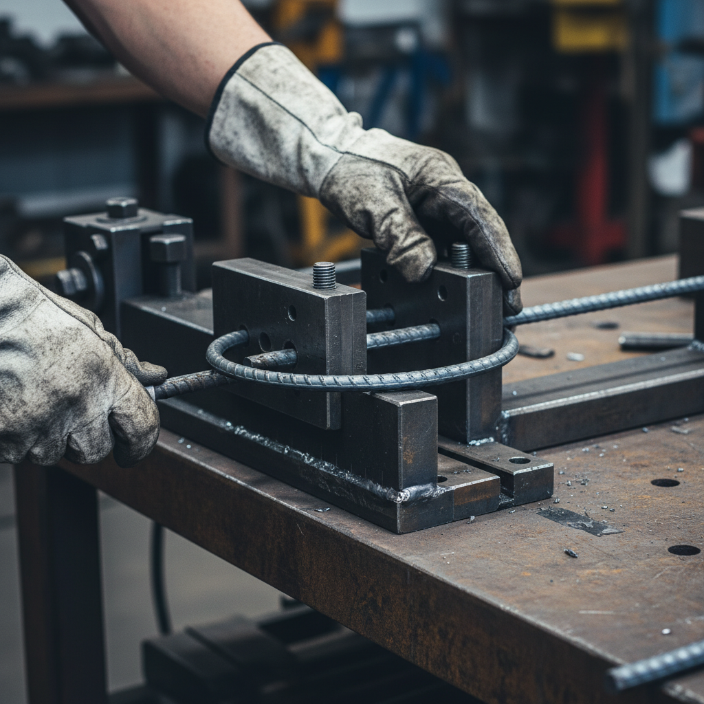 Close-up of manual rebar bender forming a precise 10M circular hoop on a steel jig, demonstrating proper bend radius