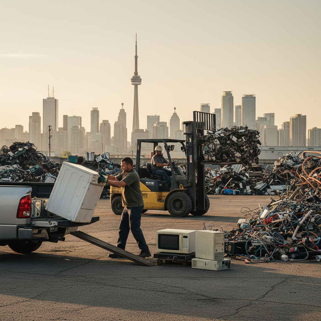 Customer unloading appliances and e-waste at an Etobicoke scrap drop-off, illustrating one-stop metals and electronics recycling