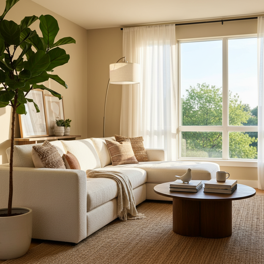 Sunlit staged living room ready for a real estate listing with AI-written description