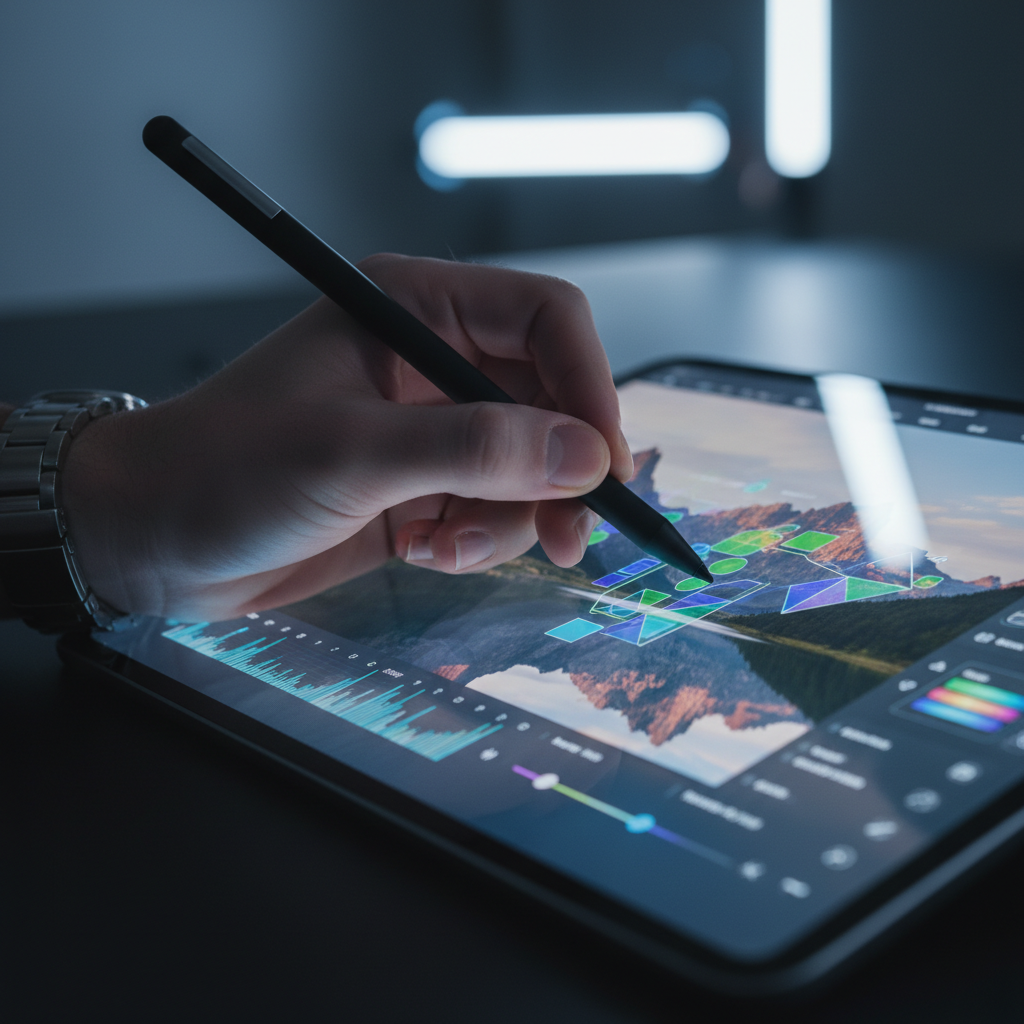 Close-up of designer using a stylus to refine an AI-generated image for a blog post, illustrating content optimization workflow