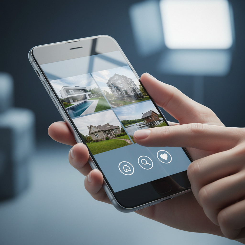 Close-up smartphone with AI listing description generator interface mockup and property photos