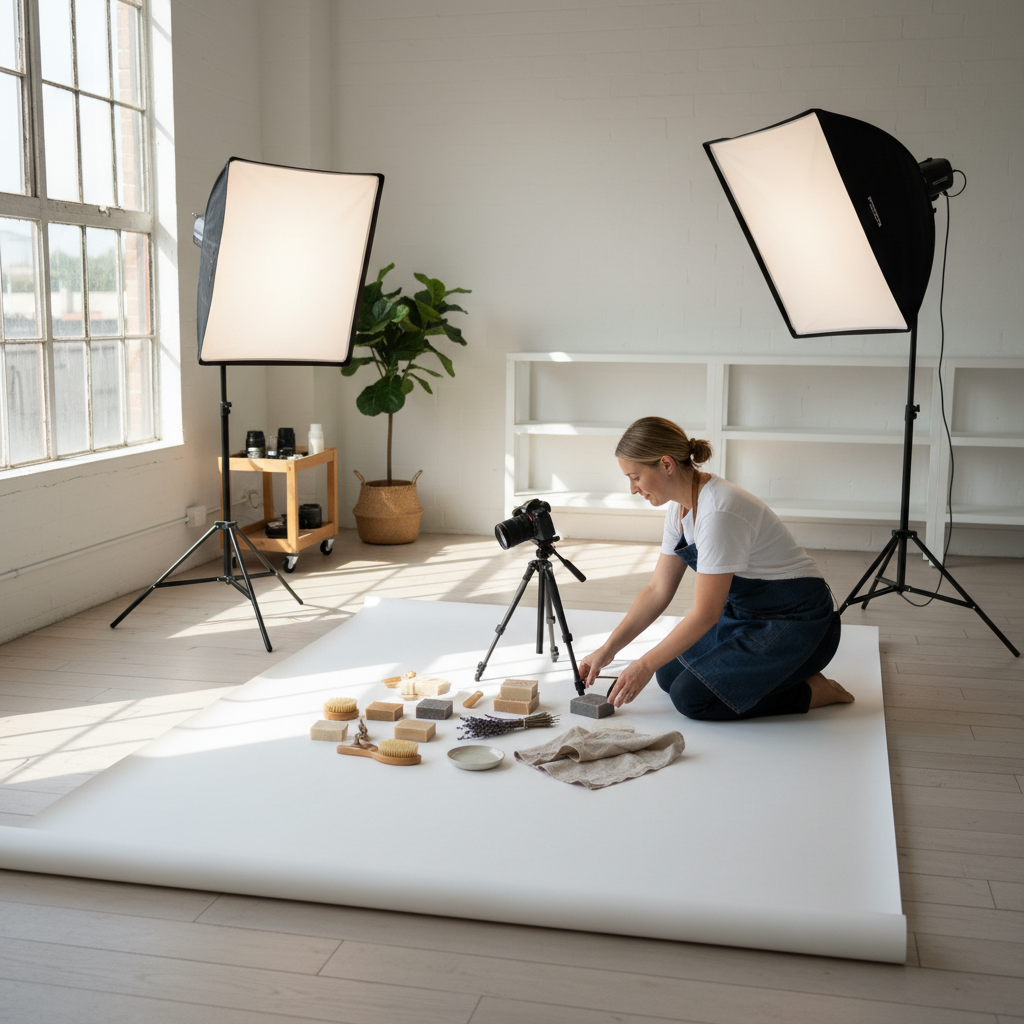 Small business owner staging a product flat-lay for a blog post, illustrating lighting and composition best practices for AI-edited images
