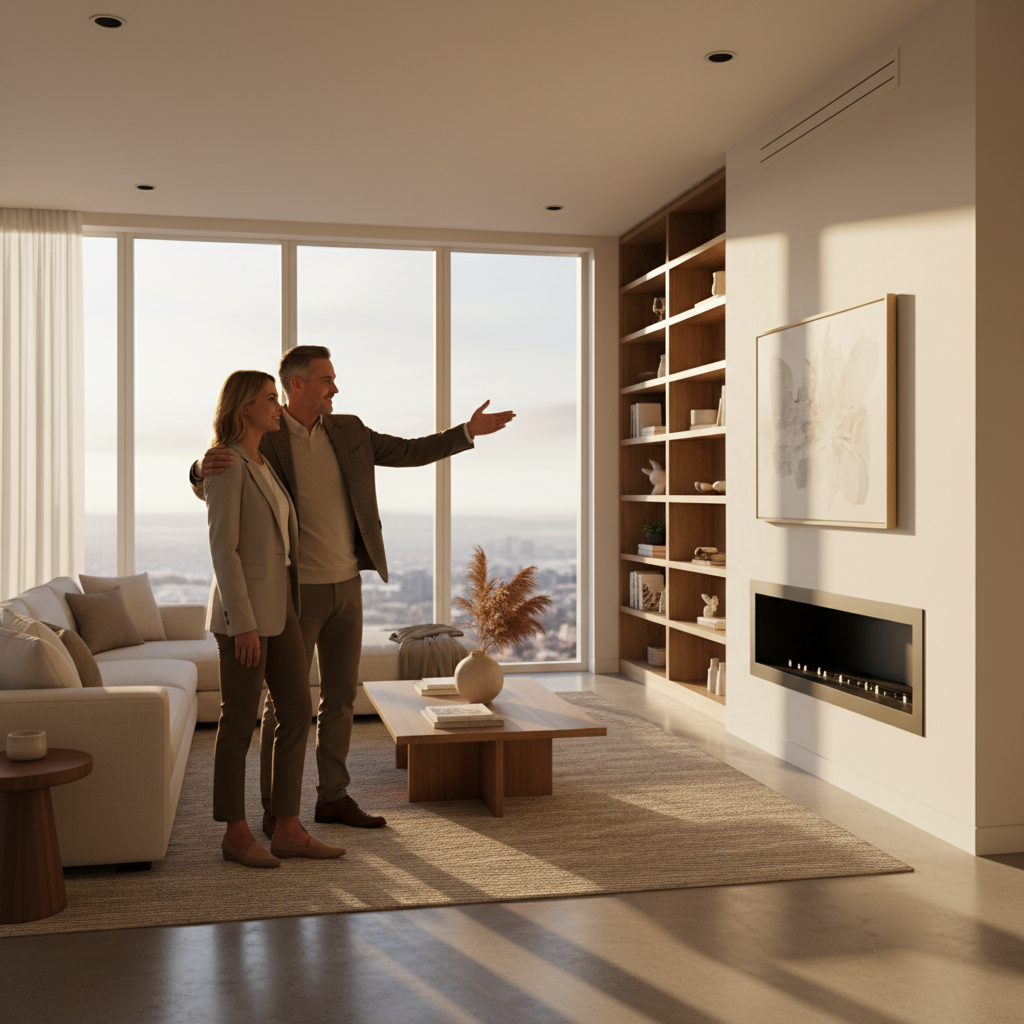 Real estate agent guiding buyers through a staged living room while discussing CMA insights