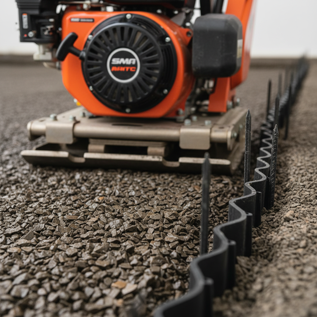 Close view of a plate compactor densifying dense-graded aggregate for interlocking paver base preparation in Mississauga