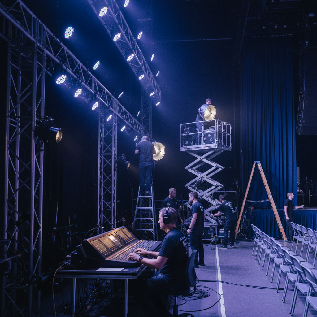 Backstage operations for an annual gala: lighting rigs, soundboard, and crew preparing cues for a smooth run-of-show