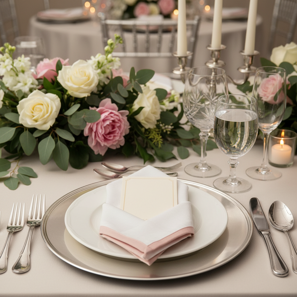 Close-up of refined gala place setting for an annual gala planning guide: crystal stemware, polished flatware, linen, and florals