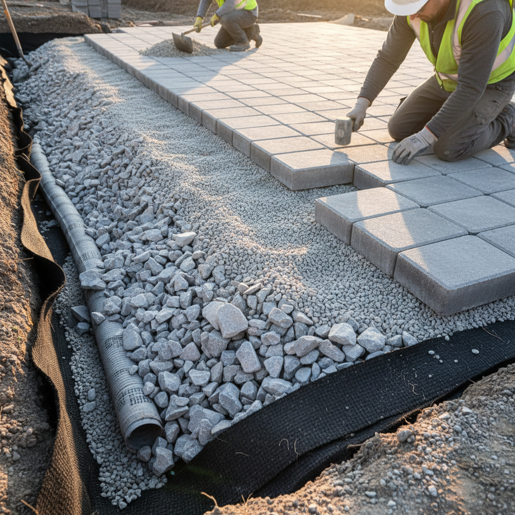 Permeable interlocking paver base cross-section with clear stone, geotextile fabric, and perimeter drain in a Mississauga installation