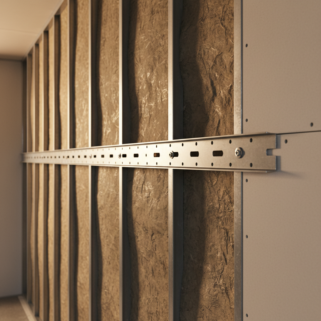 Resilient channel installed over steel studs with insulation, creating an acoustically decoupled wall plane for drywall