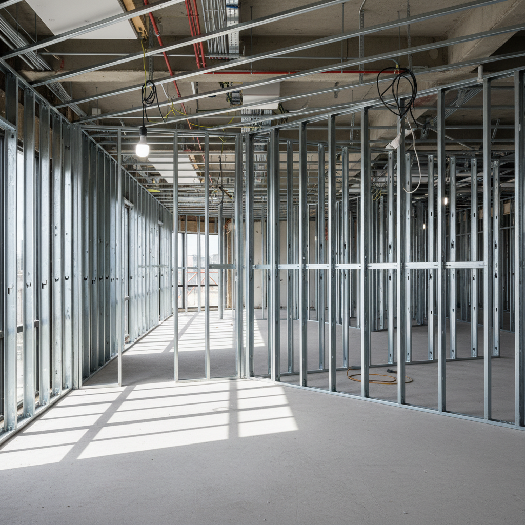 Commercial interior build-out with cold-formed steel studs, top and bottom tracks, and metal framing channels providing lateral bracing and alignment