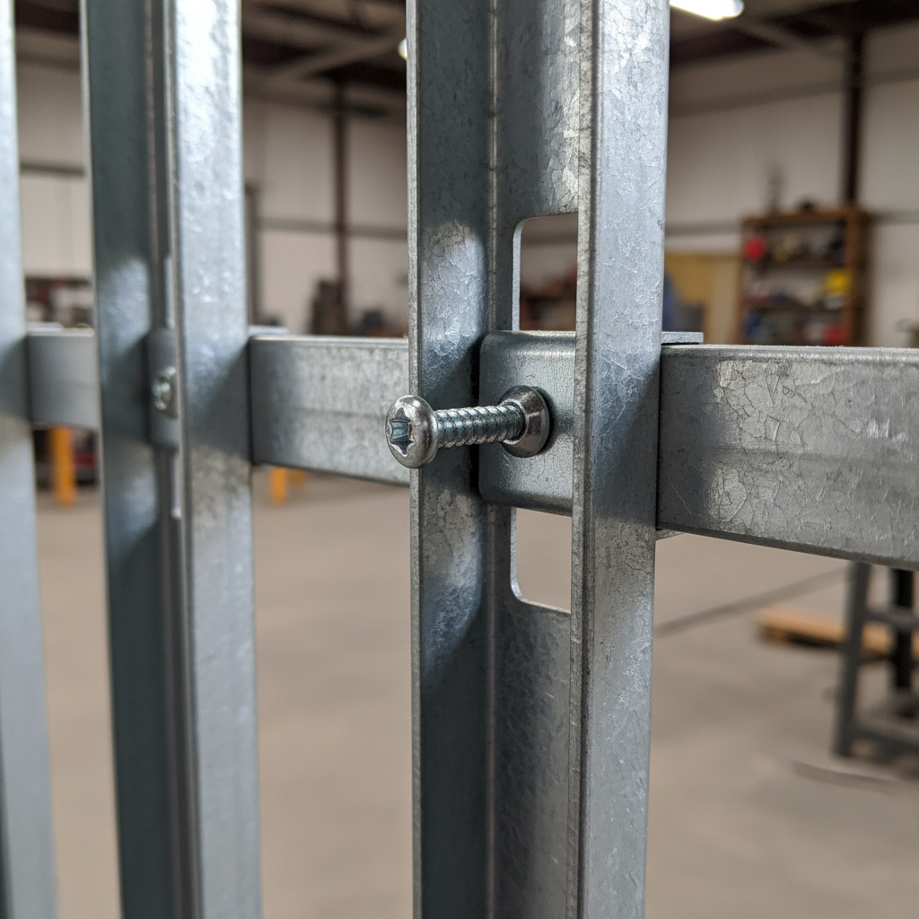 Close-up of galvanized bridging (carrying) channel secured with clip through stud punchout for interior metal framing alignment