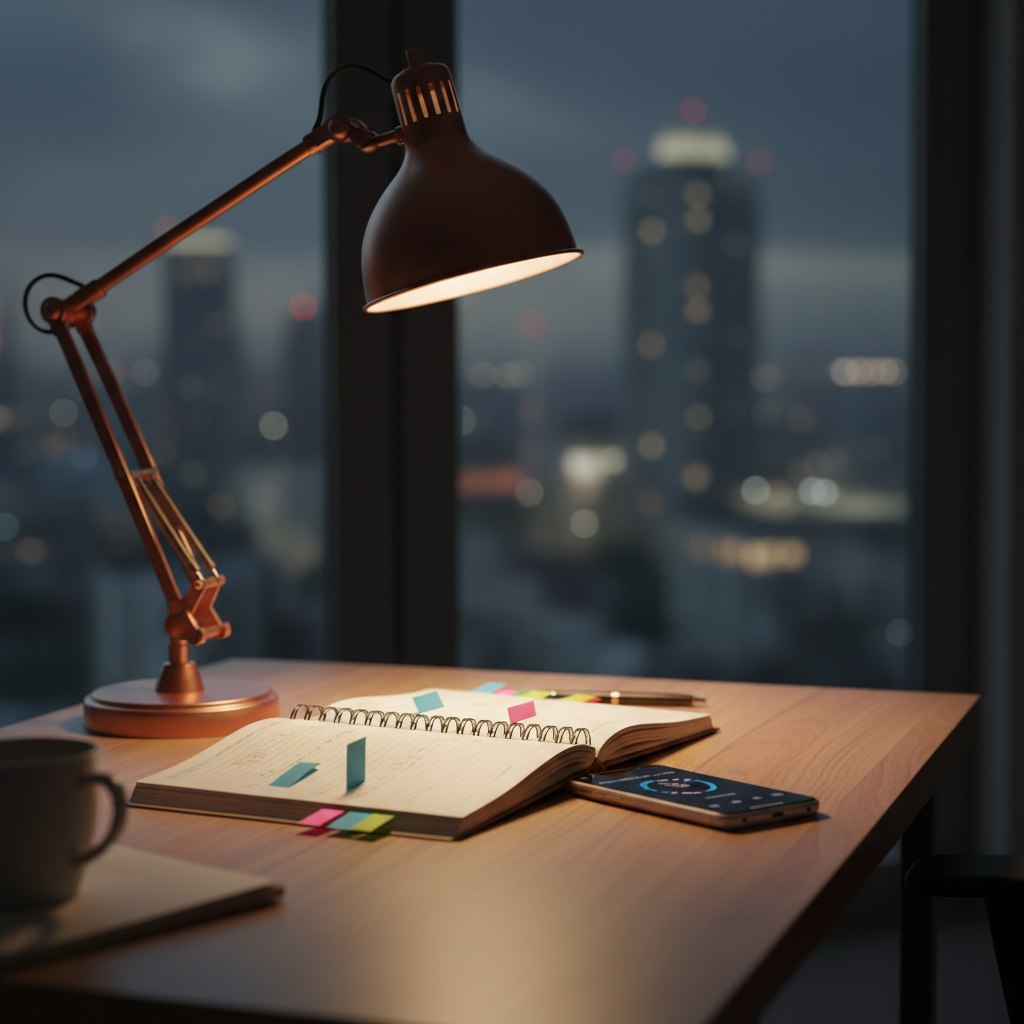 Evening study setup using a curated exam question bank with color-coded tabs and timer, ideal for PMP and IIBA mock exam practice