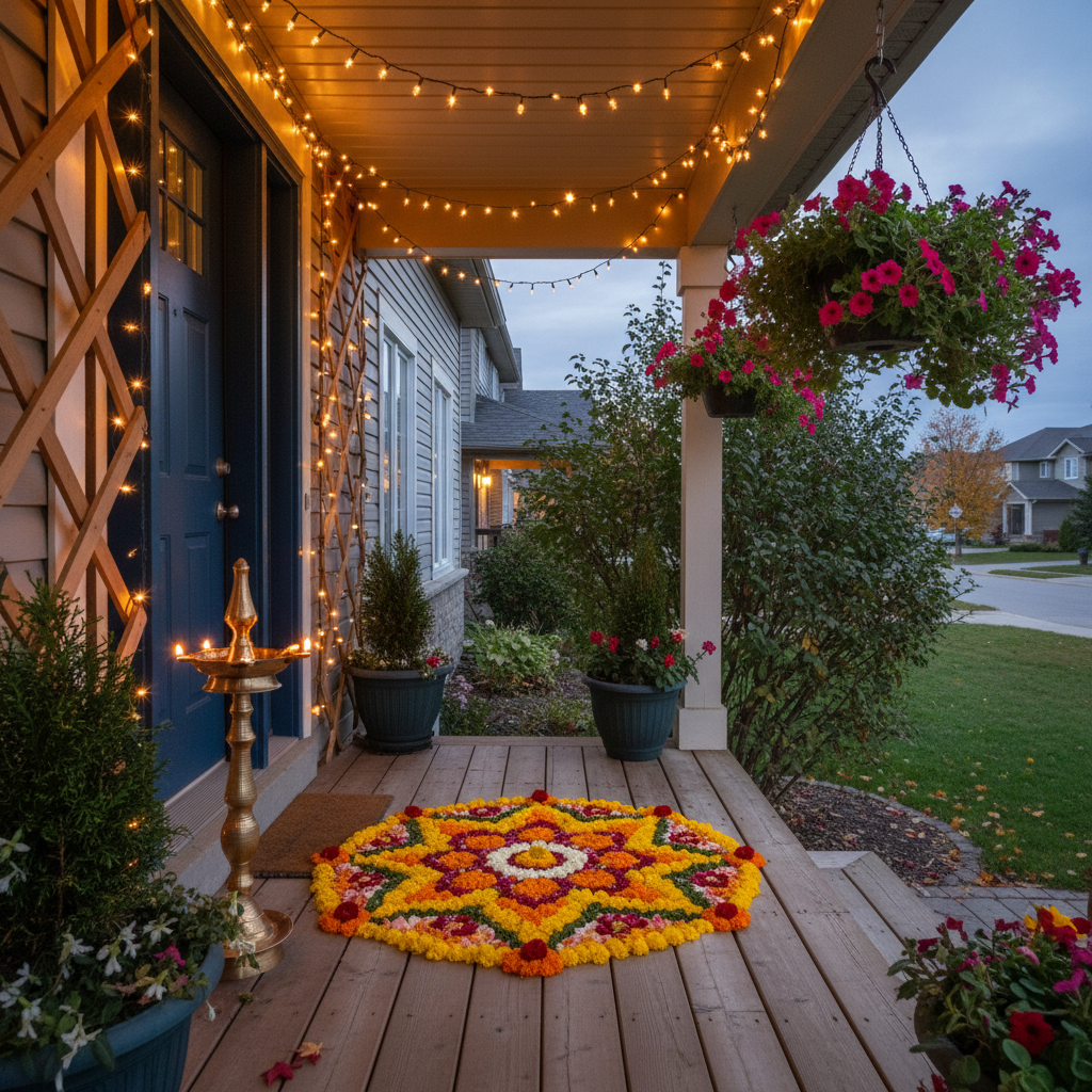 Decorated entrance with rangoli and brass lamp in a suburban Canadian setting, symbolizing auspicious muhurat start in Brampton