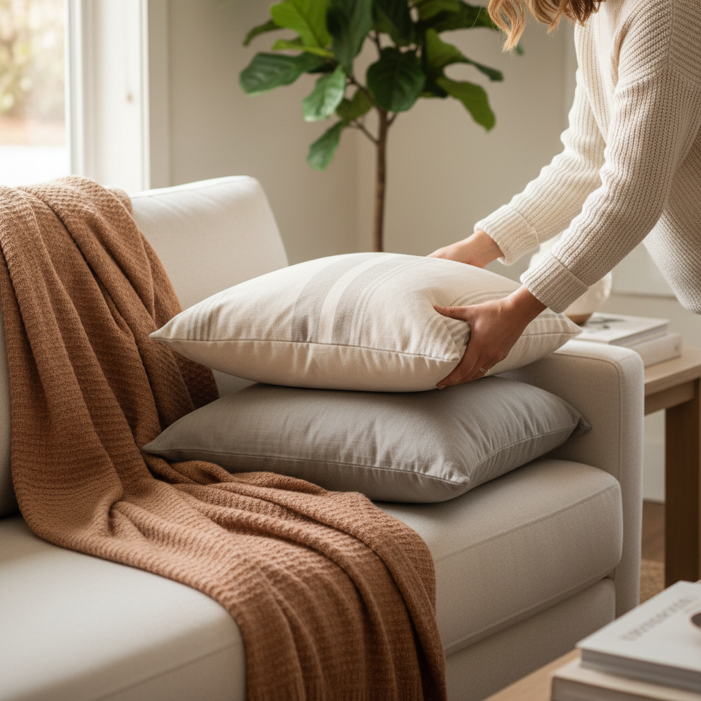 Staging detail: arranging pillows and cozy throws for selling a home in Oakville